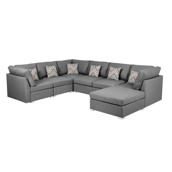 Amira 120.5"W Gray Fabric Reversible Modular Sectional Sofa with Ottoman and Pillows - Image 3