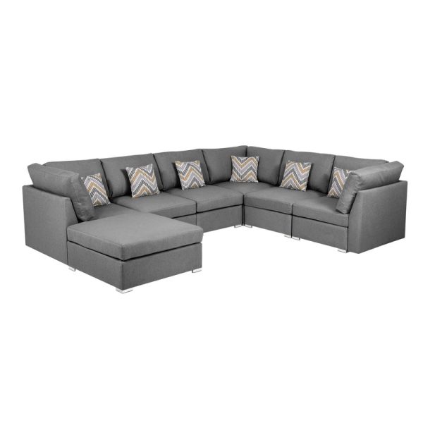 Amira 120.5"W Gray Fabric Reversible Modular Sectional Sofa with Ottoman and Pillows - Image 2