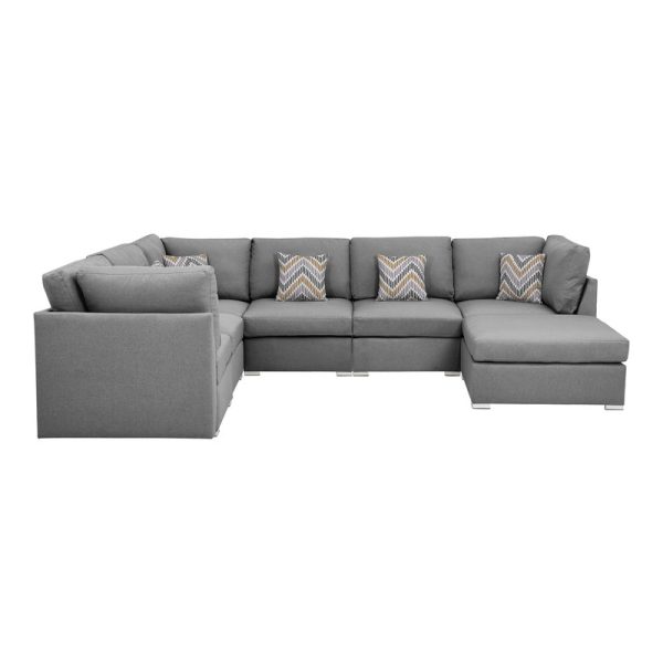 Amira 120.5"W Gray Fabric Reversible Modular Sectional Sofa with Ottoman and Pillows - Image 6