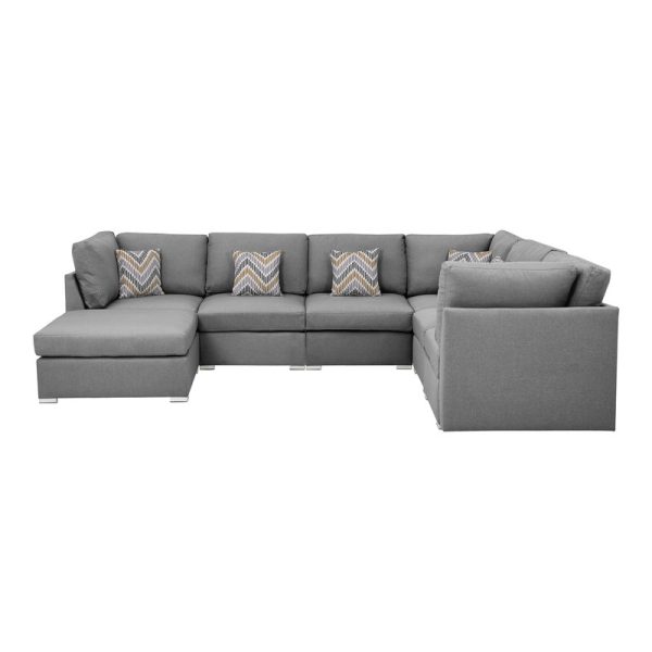 Amira 120.5"W Gray Fabric Reversible Modular Sectional Sofa with Ottoman and Pillows - Image 5