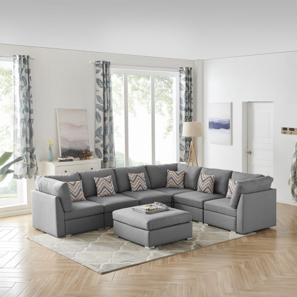 Amira 120.5"W Gray Fabric Reversible Modular Sectional Sofa with Ottoman and Pillows - Image 6