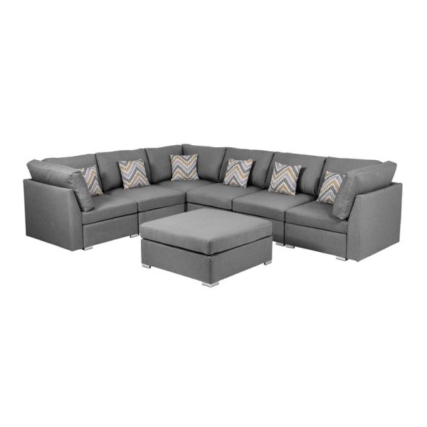 Amira 120.5"W Gray Fabric Reversible Modular Sectional Sofa with Ottoman and Pillows - Image 5