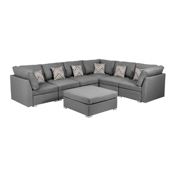 Amira 120.5"W Gray Fabric Reversible Modular Sectional Sofa with Ottoman and Pillows - Image 4