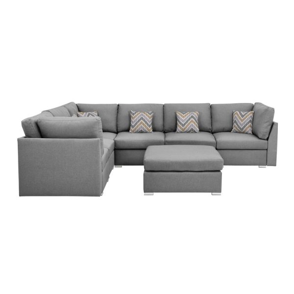Amira 120.5"W Gray Fabric Reversible Modular Sectional Sofa with Ottoman and Pillows - Image 3