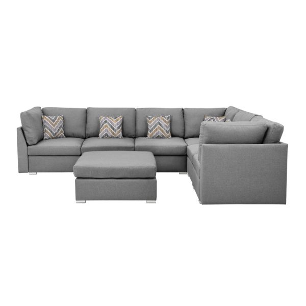 Amira 120.5"W Gray Fabric Reversible Modular Sectional Sofa with Ottoman and Pillows - Image 2