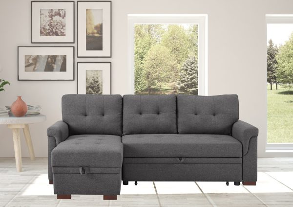 Hunter 84"W Dark Gray Linen Reversible Sleeper Sectional Sofa with Storage Chaise