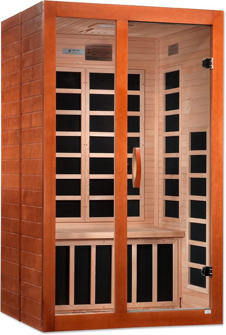 Dynamic Santiago Elite 2-Person Ultra Low EMF (Under 3 mG) FAR Infrared Sauna – Honey Stain Finish | 7 Carbon PureTech Heating Panels | Bluetooth & MP3 Audio System | Interior LED Control & Chromotherapy Lighting | Curbside Delivery