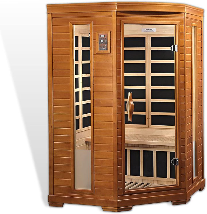 Dynamic Saunas AMZ-DYN-6225-02 Bilbao 2-Person Corner FAR Infrared Sauna – Canadian Hemlock Wood | 7 Low EMF Carbon Heating Panels | FM-CD Radio with MP3 Aux | Full 2-Person Capacity | Curbside Delivery