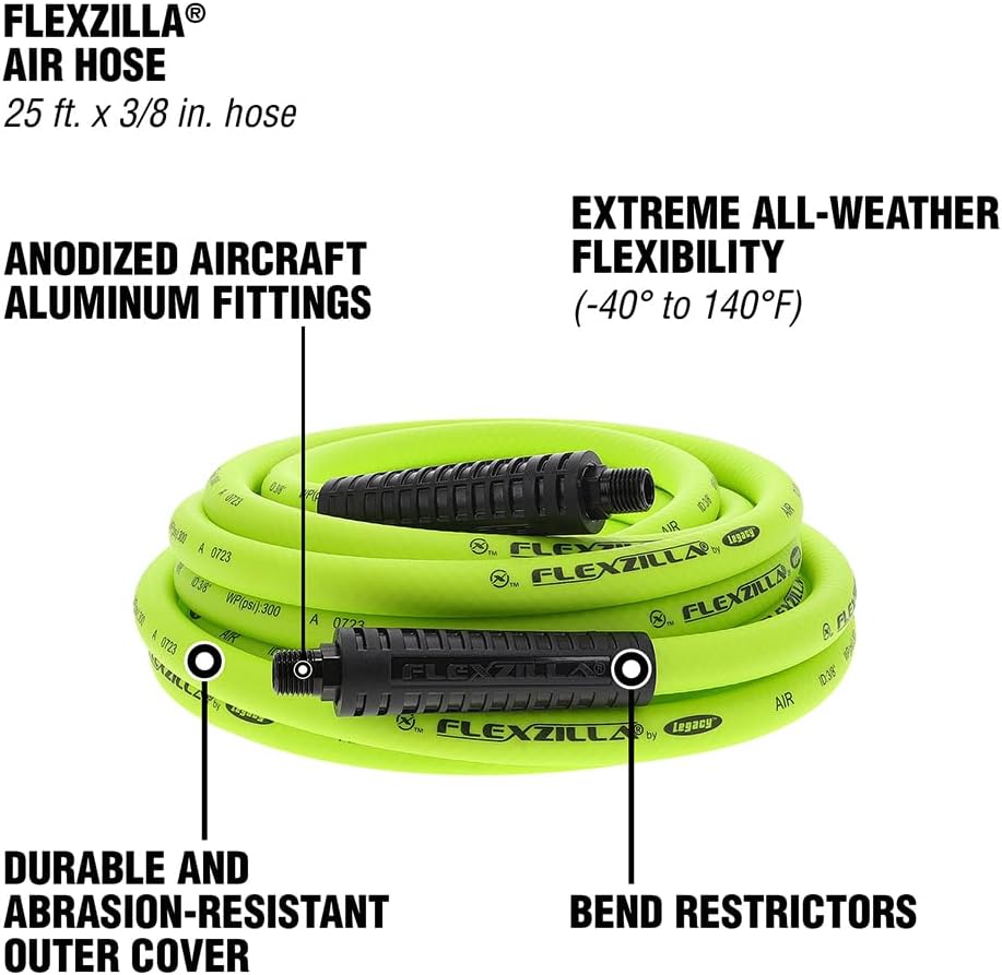 Flexzilla Air Hose, 3/8 in. x 25 ft., 1/4 in. MNPT Fittings, Heavy Duty, Lightweight, Hybrid, ZillaGreen - HFZ3825YW2 - Image 6