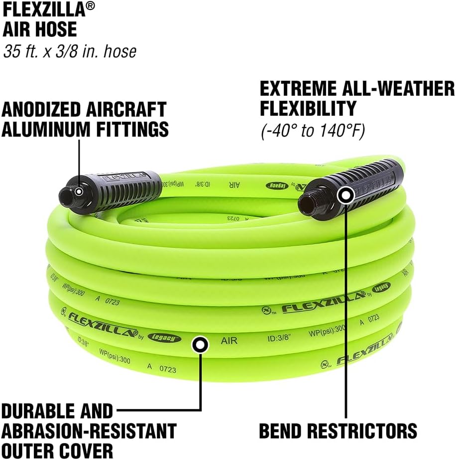 Flexzilla Air Hose, 3/8 in. x 35 ft., 1/4 in. MNPT Fittings, Heavy Duty, Lightweight, Hybrid, ZillaGreen - HFZ3835YW2 - Image 7
