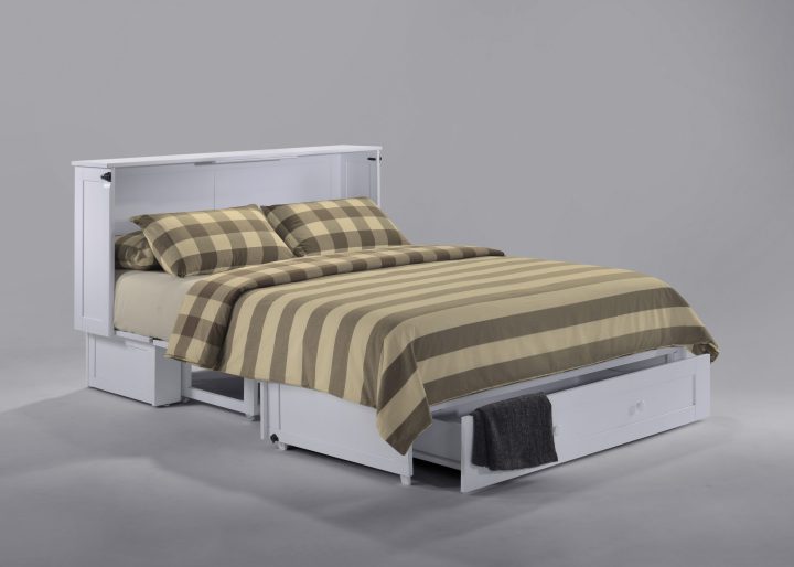 Night & Day Furniture Clover Queen Murphy Cabinet Bed with Gel Memory Foam Mattress, Fold-Out Credenza Design, Built-In Power & USB – White Finish