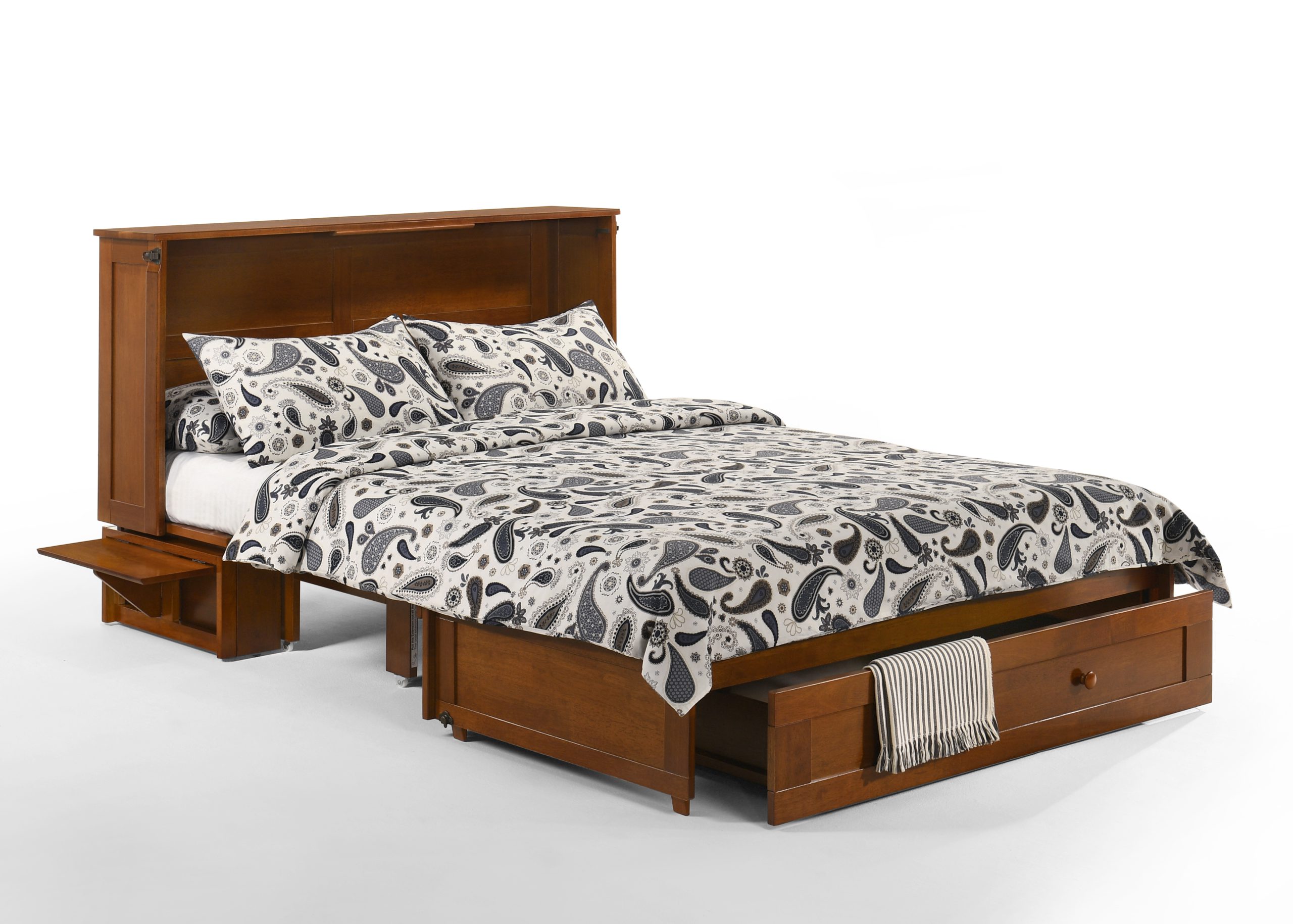 Night & Day Furniture Clover Queen Murphy Cabinet Bed with Gel Memory Foam Mattress, Credenza-Style Fold-Out Design, Built-In Power & USB, No Wall Installation Required – Cherry Finish