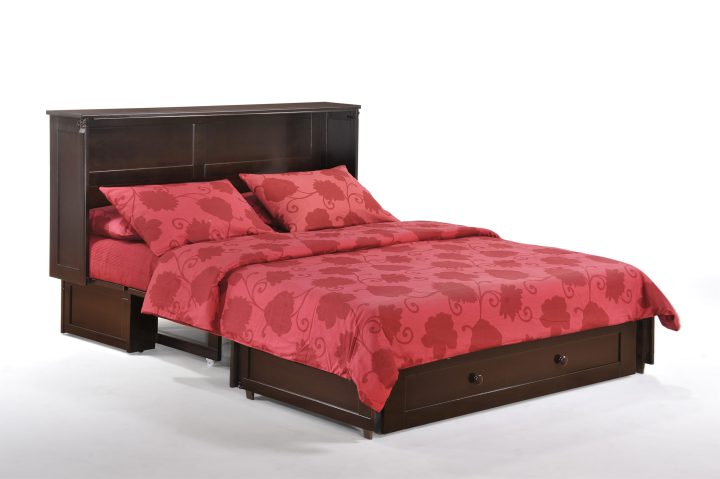 Night & Day Furniture Clover Queen Murphy Cabinet Bed with Gel Memory Foam Mattress, Freestanding Fold-Out Credenza Design, Built-In Outlets & USB – Dark Chocolate Finish