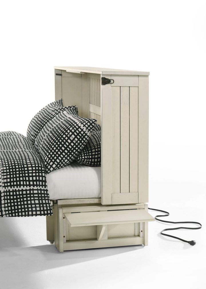 Daisy Murphy Cabinet Bed Vintage White2 Side View with Drawer Opened & Tray Up