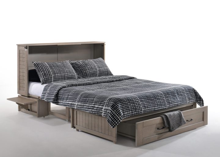 Night & Day Furniture Poppy Murphy Cabinet Bed – Brushed Driftwood – Queen Gel Memory Foam, USB Ports, Easy Convert Space-Saving Guest Bed